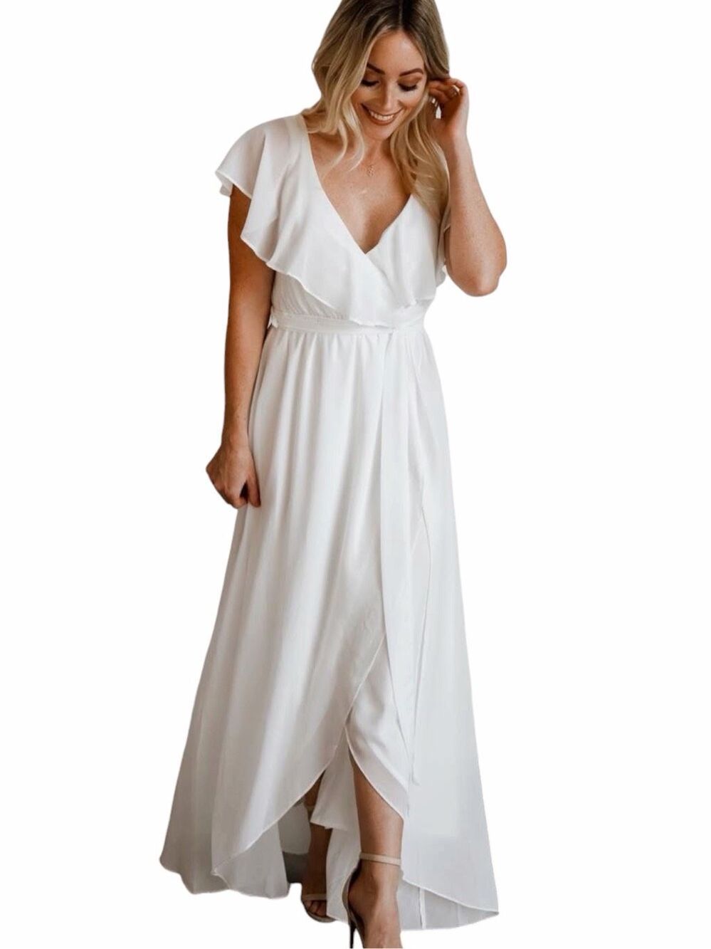 BALTIC BORN Katya Ruffle Maxi Dress White Flutter Sleeve Dress XXL